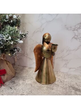 Vintage Brass and Copper Christmas Angel Candle Holder Made in Hong Kong